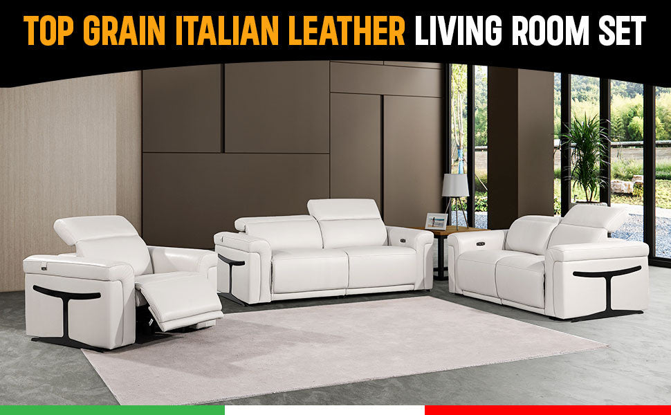 Augusto Top Grain Power Reclining Italian Leather Sofa, Light Gray