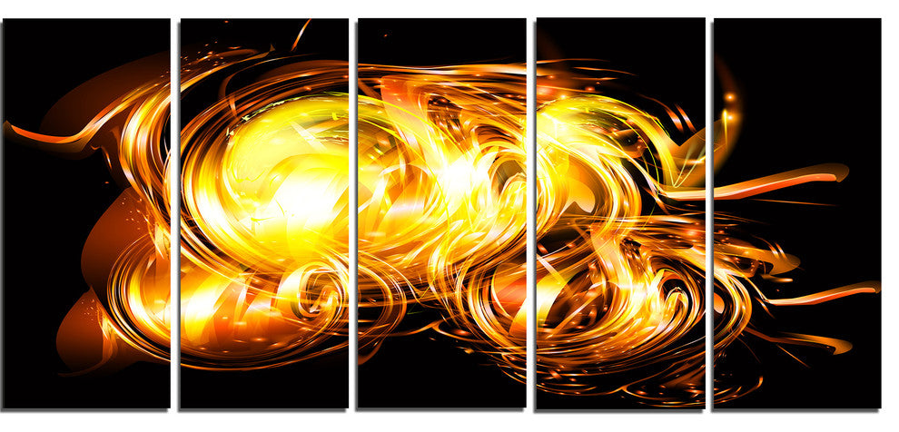 Abstract Fractal Fire on Black, Abstract Canvas Art, 60"x28", 5 Panels