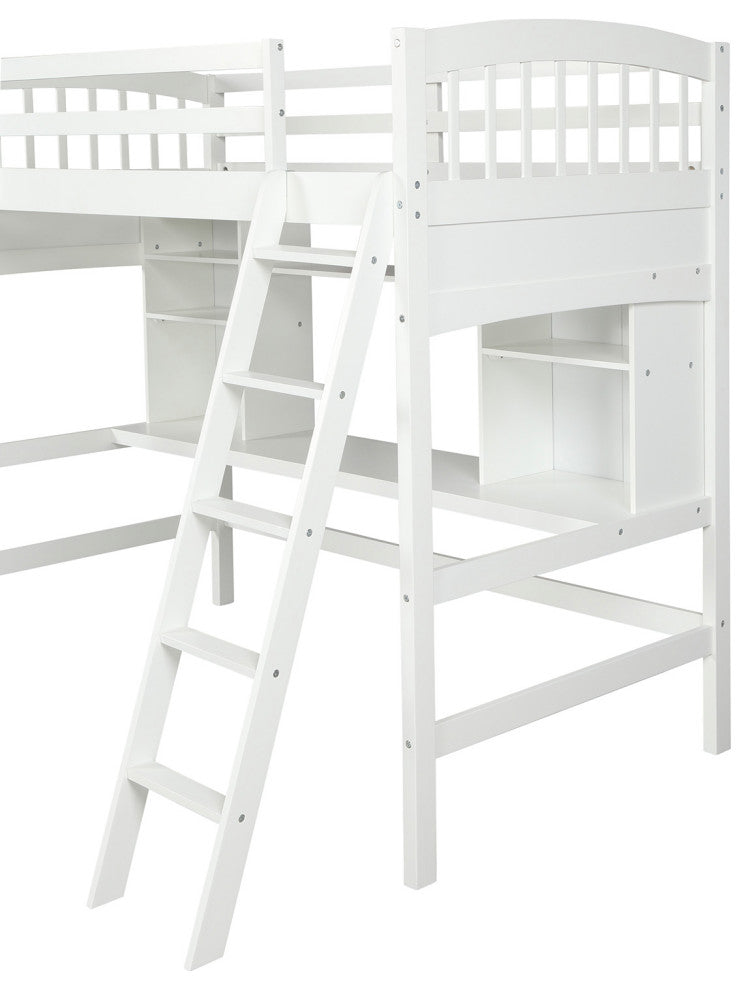 Gewnee Wood Twin Loft Bed with Storage Shelves, Desk and Ladder in White