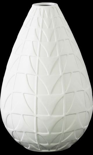 Bellied Round Vase, Narrow Lips and Embossed Triangle Design Body, White
