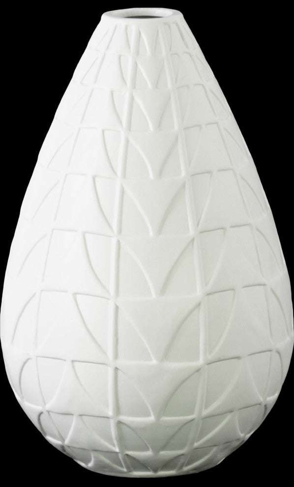 Bellied Round Vase, Narrow Lips and Embossed Triangle Design Body, White