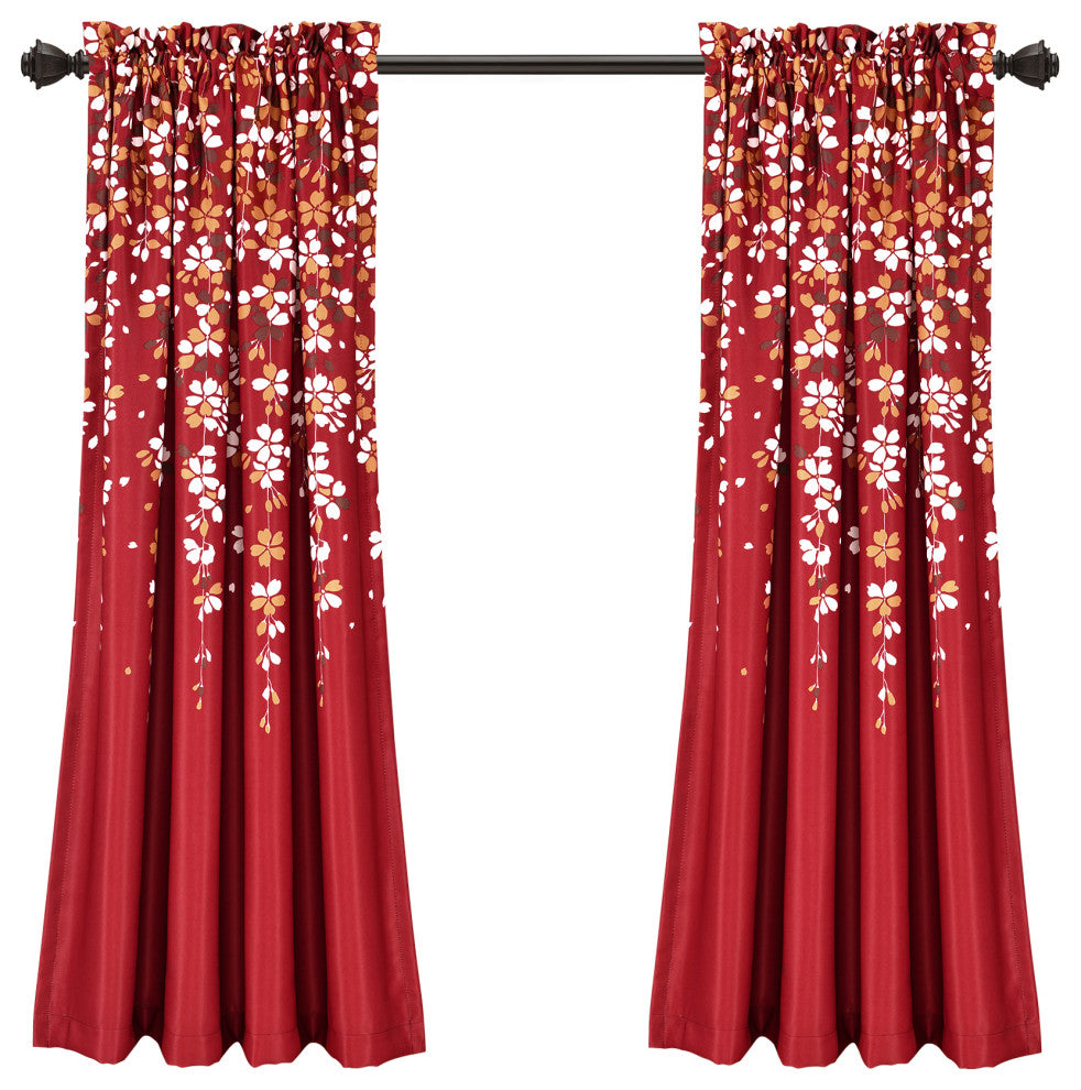 Weeping Flowers Room Darkening Window Panel, Set of 2, Red