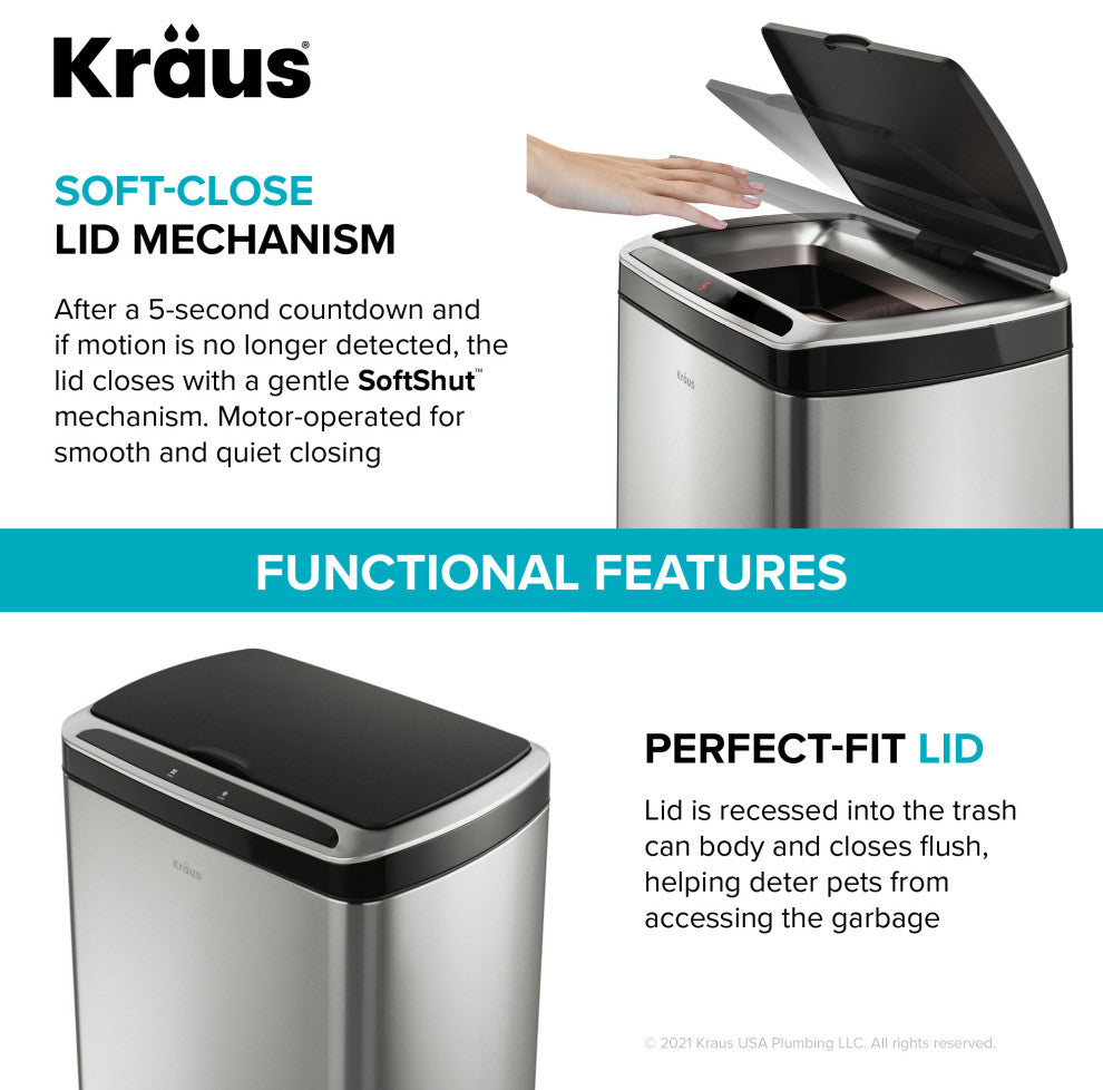 GarbagePro Rectangular 13 Gal Touchless Motion Sensor Stainless Steel Trash Can