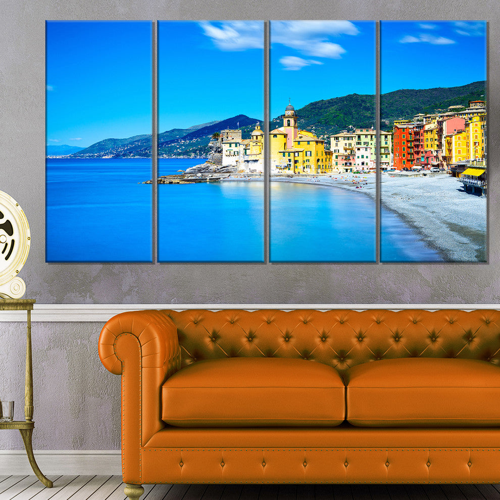"Camogli Church on Sea and Beach View" Seashore Wall Art, 4 Panels, 48"x28"