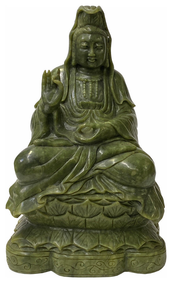 Green Stone Carved Guan Yin Tara Bodhisattva Avalokitesvara Statue Hws1795