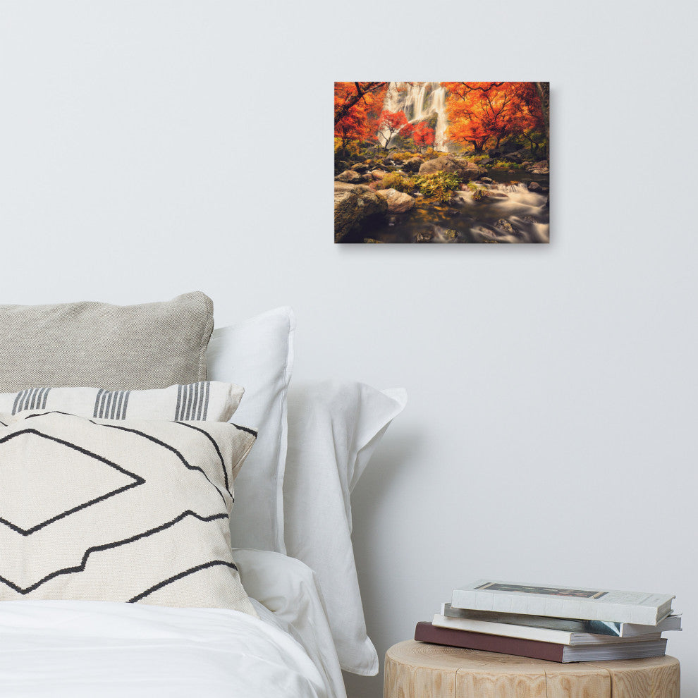 Waterfall in the Autumn Golden Shadow Effect Landscape Photo Canvas Art Print, 12" X 16"
