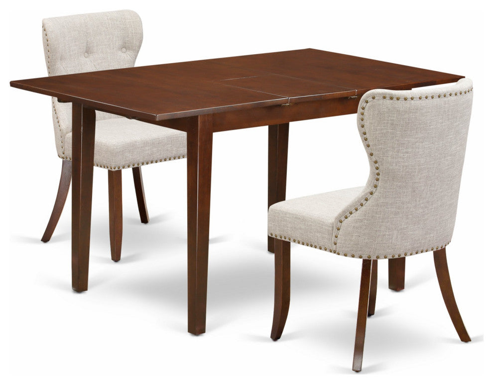 A Dinette Set Of 2 Parson Chairs, 12" Butterfly Leaf Rectangle Table, Mahogany