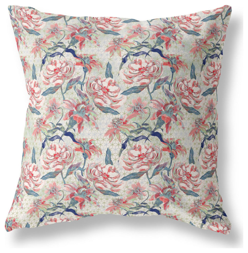 26" Red Pale Green Roses Indoor Outdoor Throw Pillow