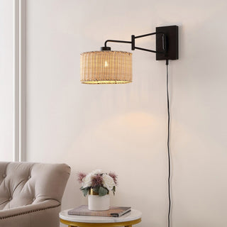 Safavieh Bramley Wall Sconce Set of 2 w/ USB Port Black/Natural Rattan