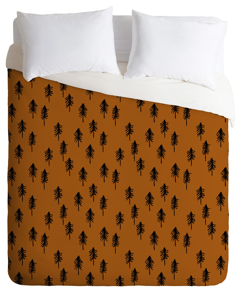 Little Arrow Design Co Black Trees On Dark Maple Duvet Cover Set, Queen