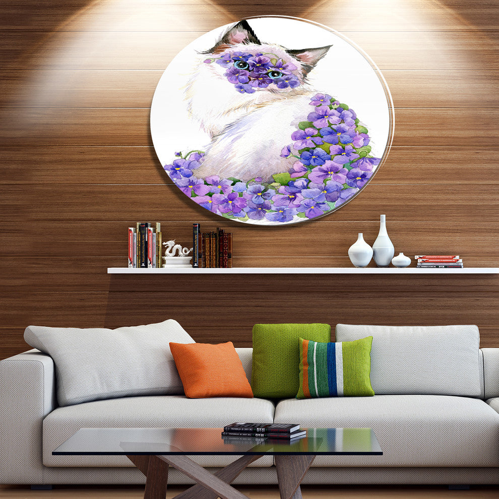 Cute Cat With Blue Flowers, Animal Disc Metal Artwork, 11"