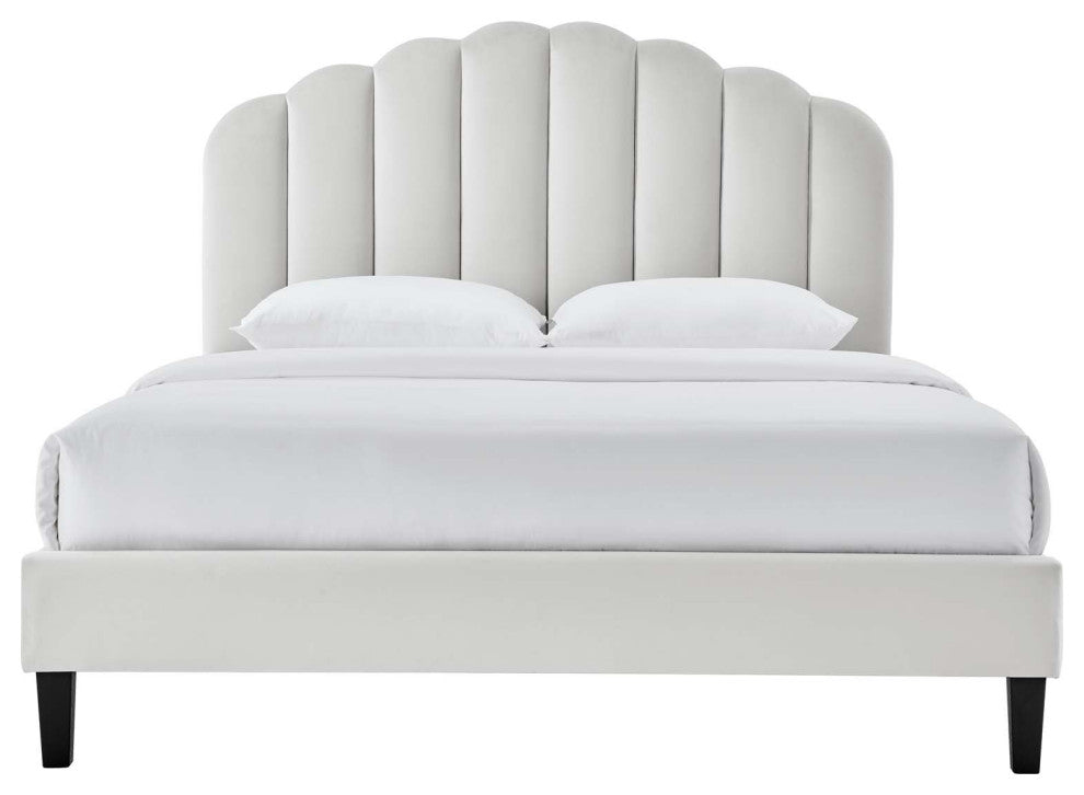 Platform Bed Frame, King Size, Gray, Velvet, Modern, Bedroom Guest Suite