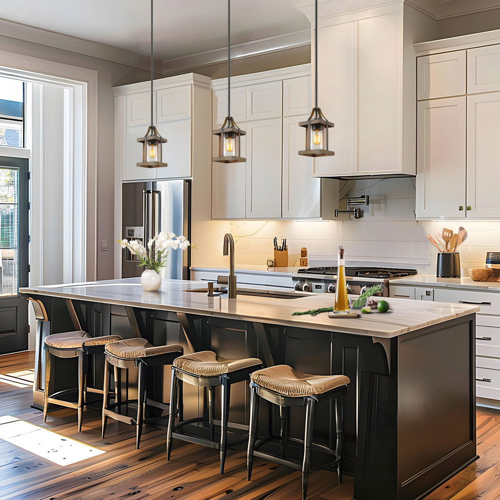 LALUZ 1-Light Antique Brown Wood and Clear Glass Mini Lantern Pendant Lighting