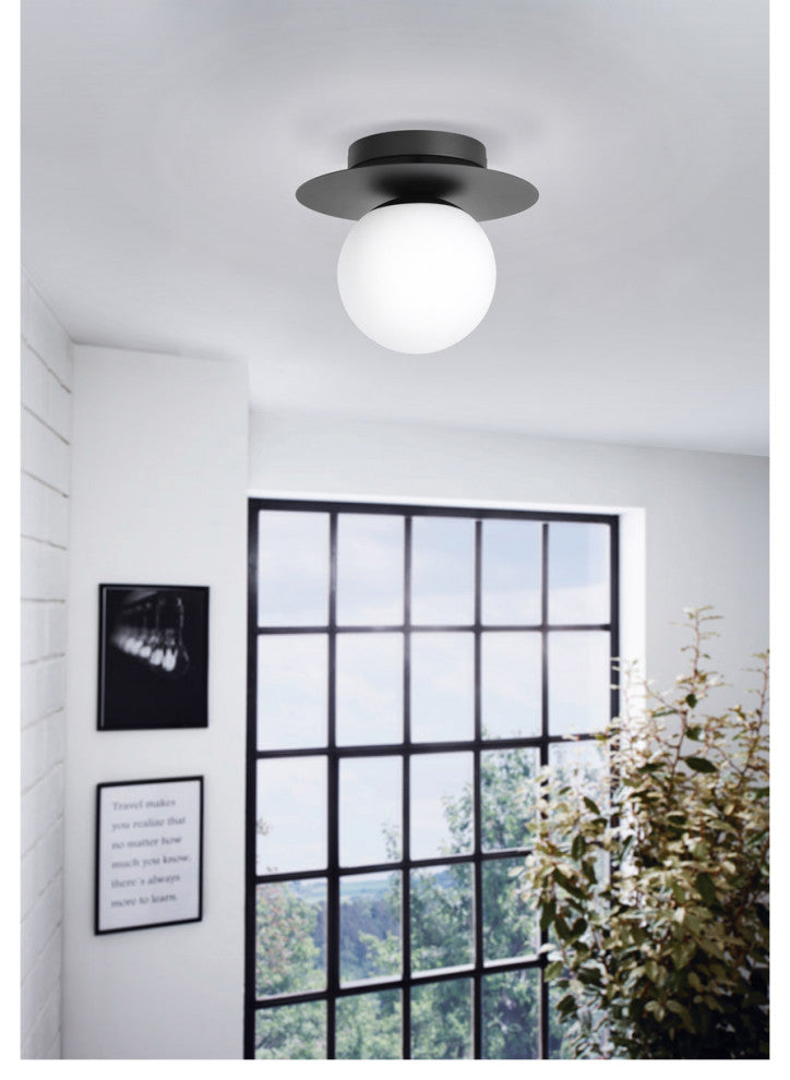 Arenales 1-Light Ceiling Light, Structured Black, White Opal Glass Shade