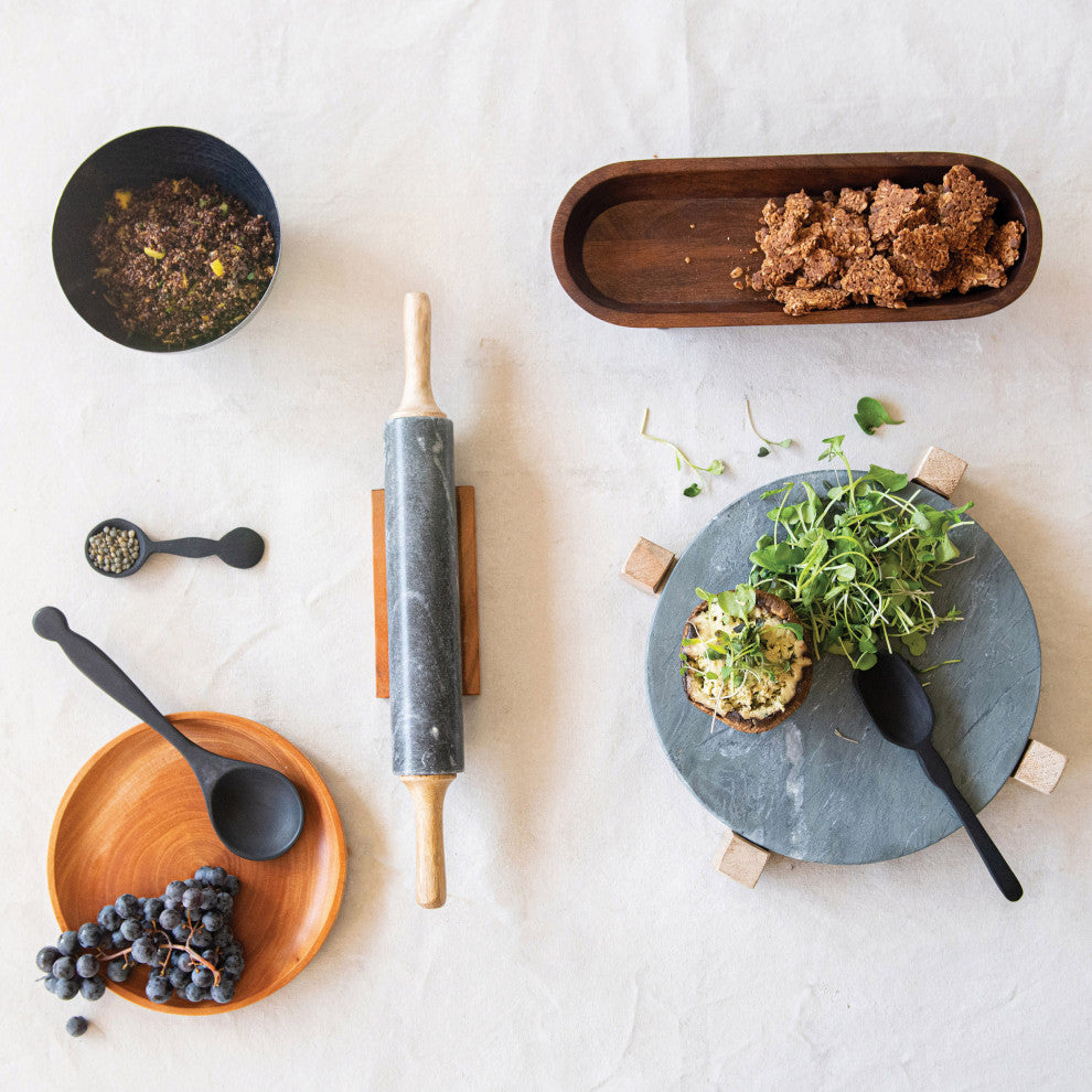 Marble Serving Board With Mango Wood Stand, Black/Natural, 2-Piece Set