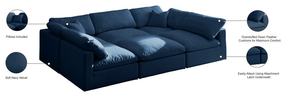 Plush Velvet / Down Standard Comfort 6-Piece U-Shaped Modular Sectional, Navy