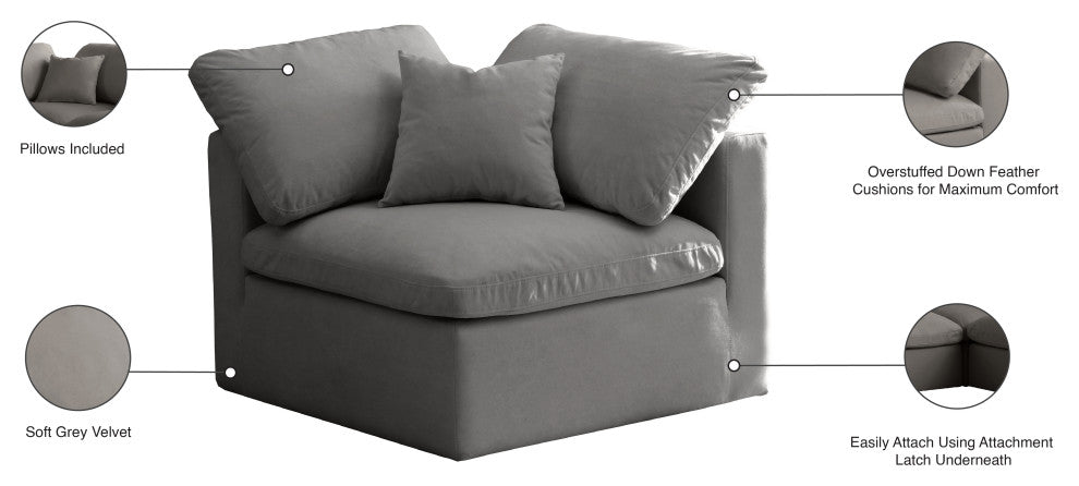 Plush Velvet / Down Standard Comfort Modular Chair, Gray, Corner Chair
