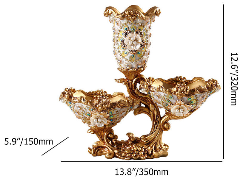 2 Tiered Gold & White Fruit Basket Plate With Vase Resin Snack Tray Decor, White/Gold