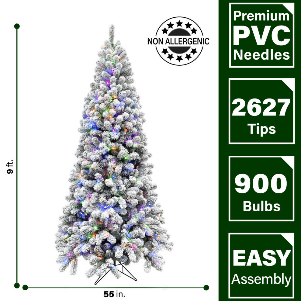 Flocked Alaskan Pine Christmas Tree, 9 Ft., Multi-Color Led String Lighting