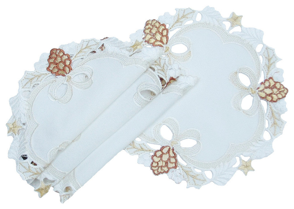 Gilded Pines Embroidered Cutwork Christmas Doilies, 8" Round, Set of 4