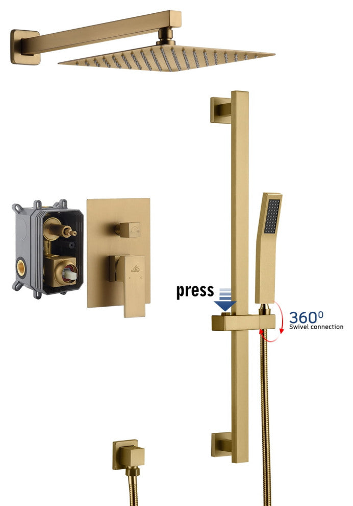 CASAINC 10" Luxury Wall Mounted Shower System Set w Sliding Handheld Rod, Brushed Gold