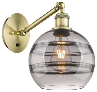 Ballston-Rochester 1-Light 8" Sconce, Up/Down Arm, Antique Brass, Light Smoke
