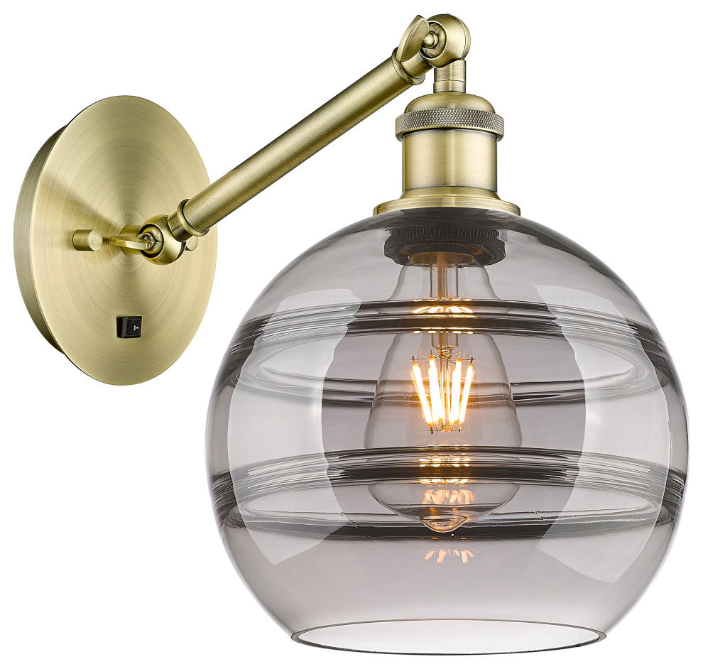 Ballston-Rochester 1-Light 8" Sconce, Up/Down Arm, Antique Brass, Light Smoke