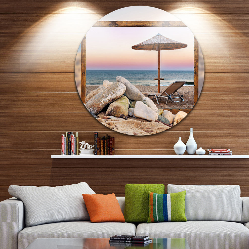 Framed Beach Seating, Seashore Art Round Metal Wall Art, 11"