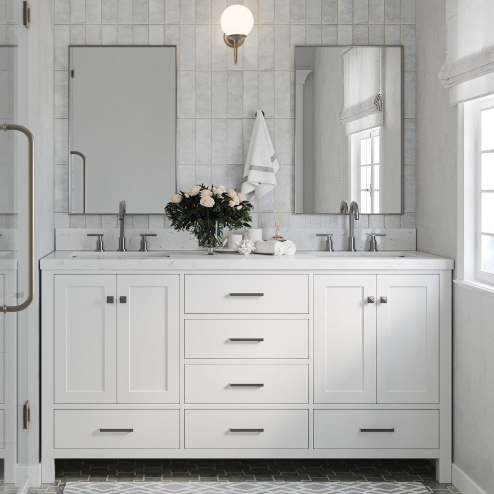 Ariel Cambridge 66" Double Rectangle Sinks Vanity, Carrara Quartz