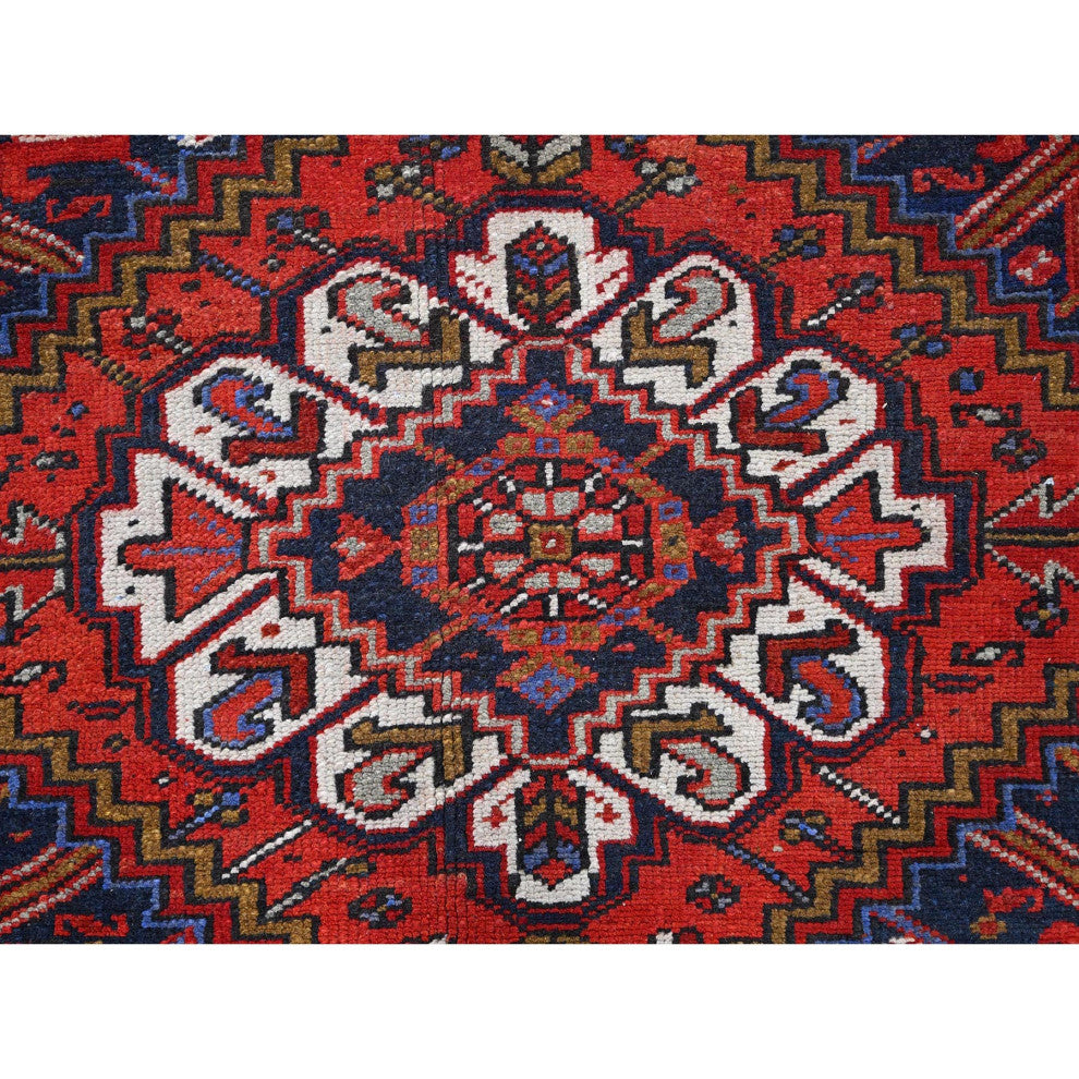 Raspberry Red Worn Wool Hand Knotted Semi Antique Persian Heriz Rug 7'9"x11'