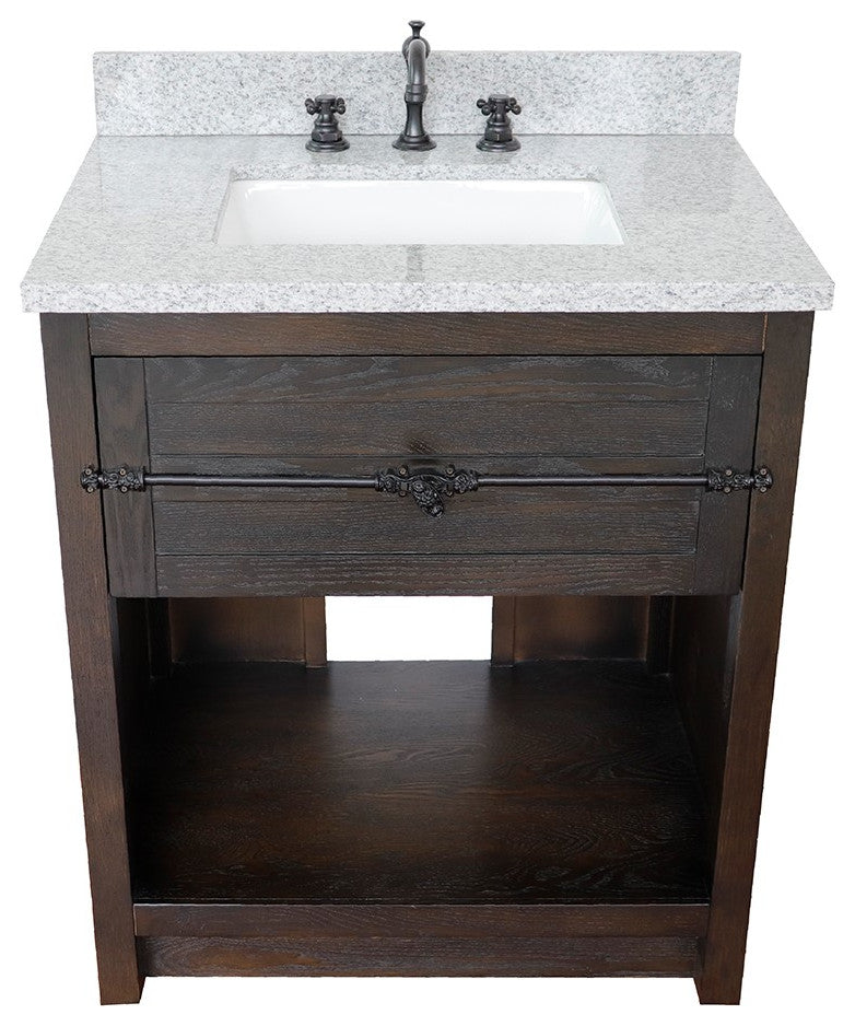 30" Single Vanity, Brown Ash, Gray Granite Top, Rectangle Sink