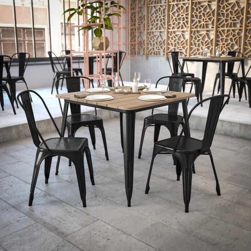 Declan Commercial Indoor/Outdoor Dining Table with Umbrella Hole, 36" Square, Brown/Black