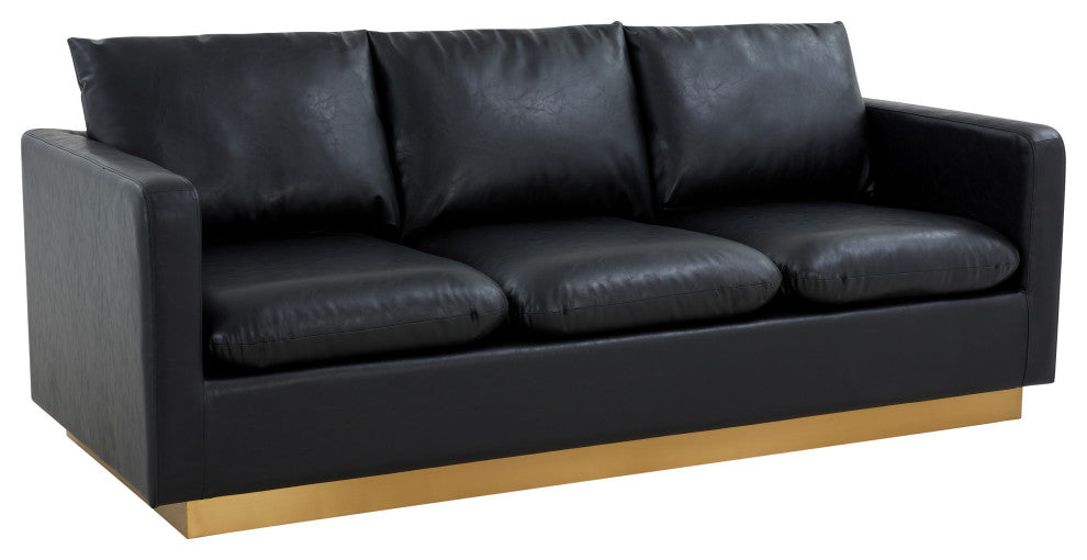 LeisureMod Nervo Modern Leather Sofa With Gold Base, Black