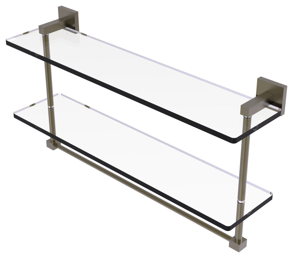 Montero 22" Two Tiered Glass Shelf with Integrated Towel Bar, Antique Brass