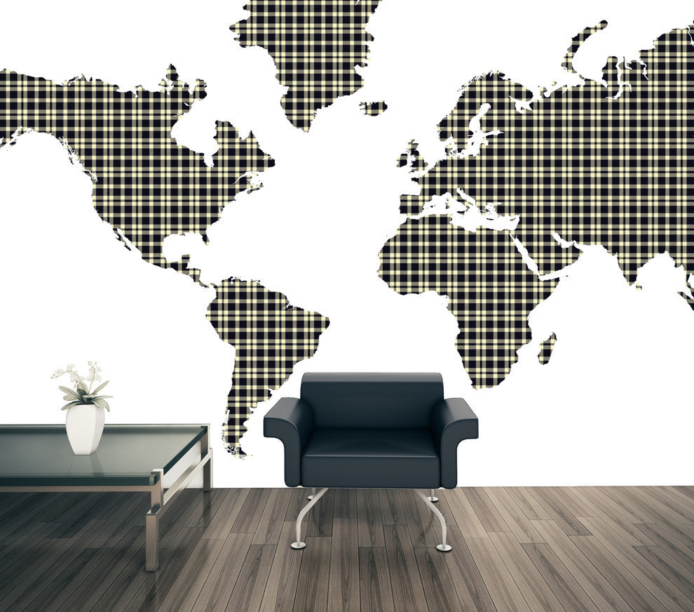 Studio Map Mural, Black and Yellow Plaid, Wallpaper, 3 Panels, 124"x60"