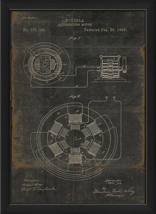 Tesla Alternating Motor Patent on Black Framed Print, Small