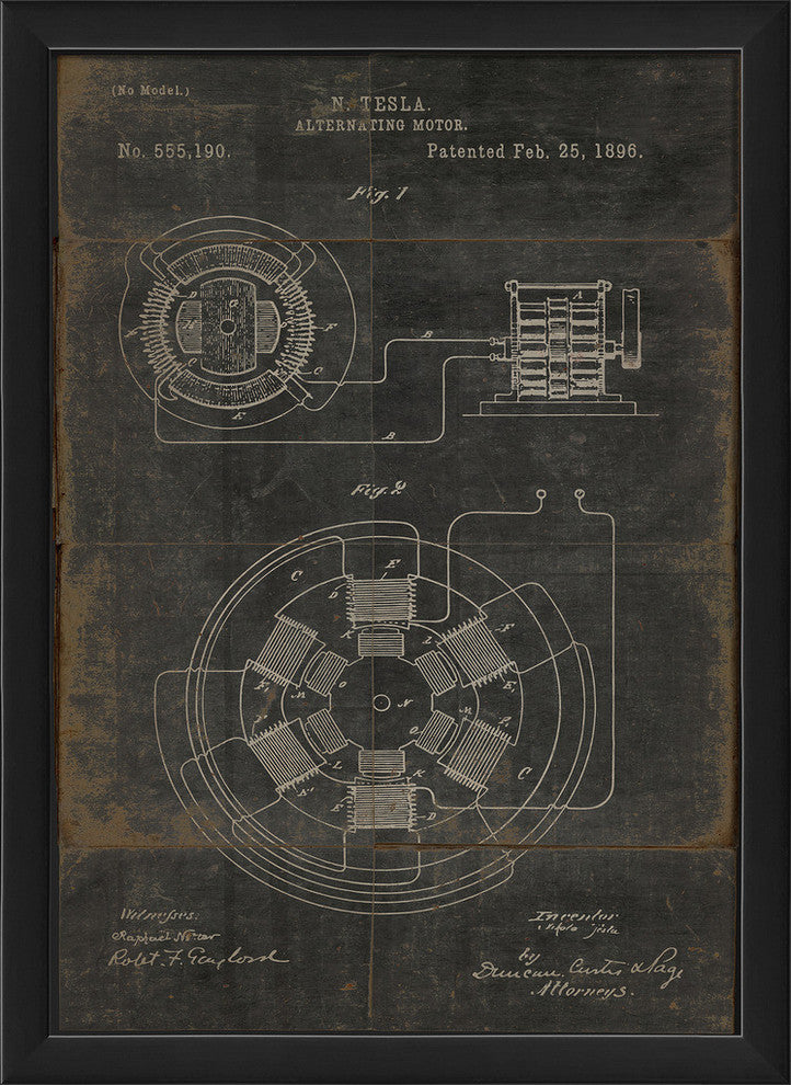 Tesla Alternating Motor Patent on Black Framed Print, Small