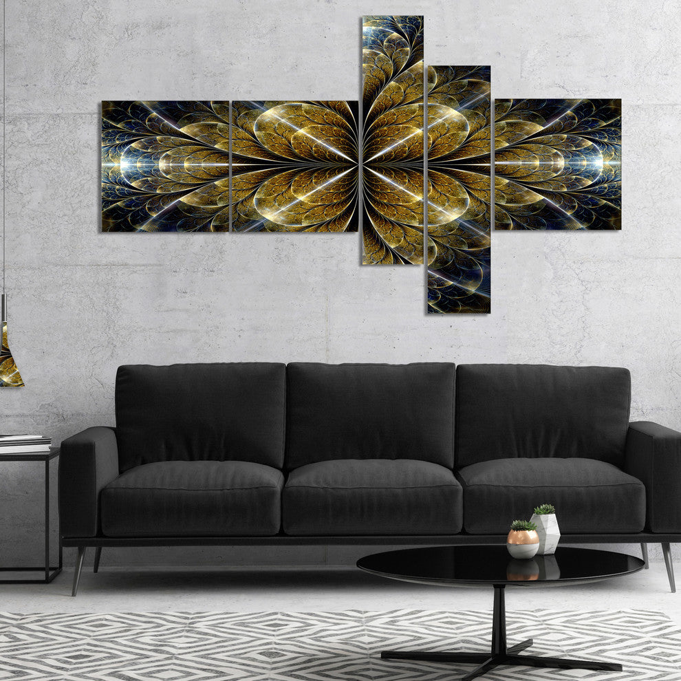 Digital Gold Fractal Flower Pattern, Abstract Wall Art Canvas, 60"x32", 5 panels