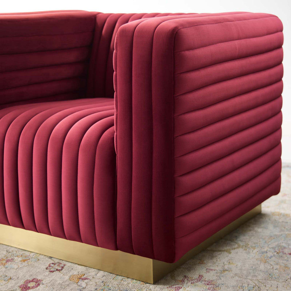 Tufted Armchair Accent Chair, Velvet, Red, Modern, Living Lounge Hospitality