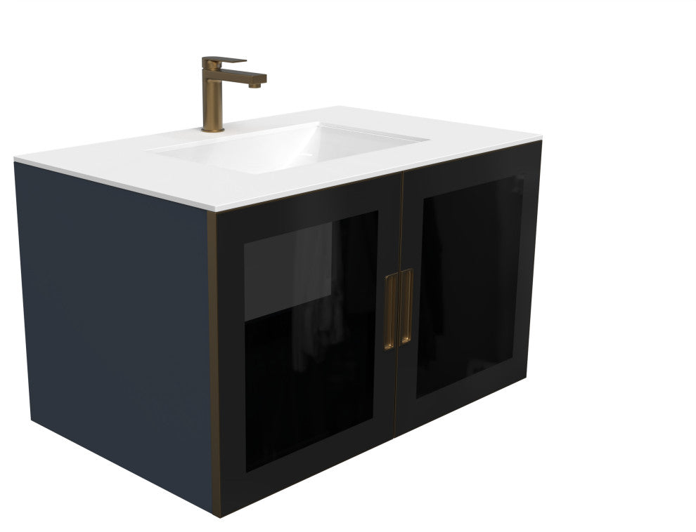 Monica 36" Porcelain Vanity Top With Overflow, Faux White Marble, Center