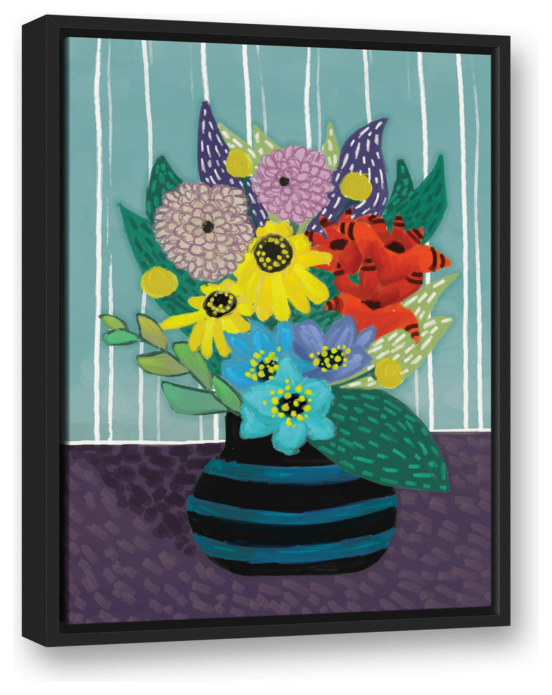 Colorful Flowers in Teal Striped Vase 18x24 Black Floating Framed Canvas