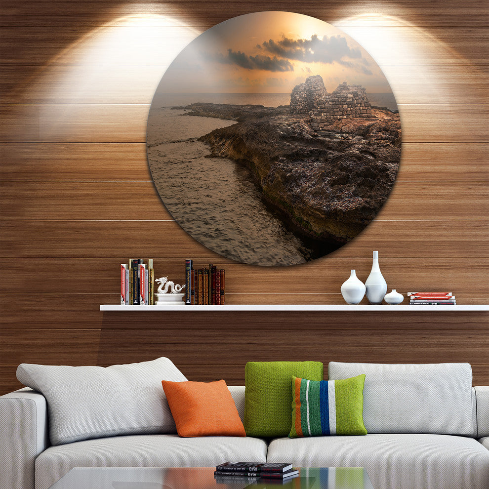 Rocky Coast With Ancient Ruins, Beach Disc Metal Artwork, 36"