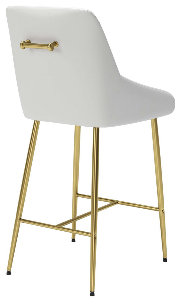 Counter Stool Chair, Faux Vinyl Leather, Steel, White, Gold, Cafe Bistro