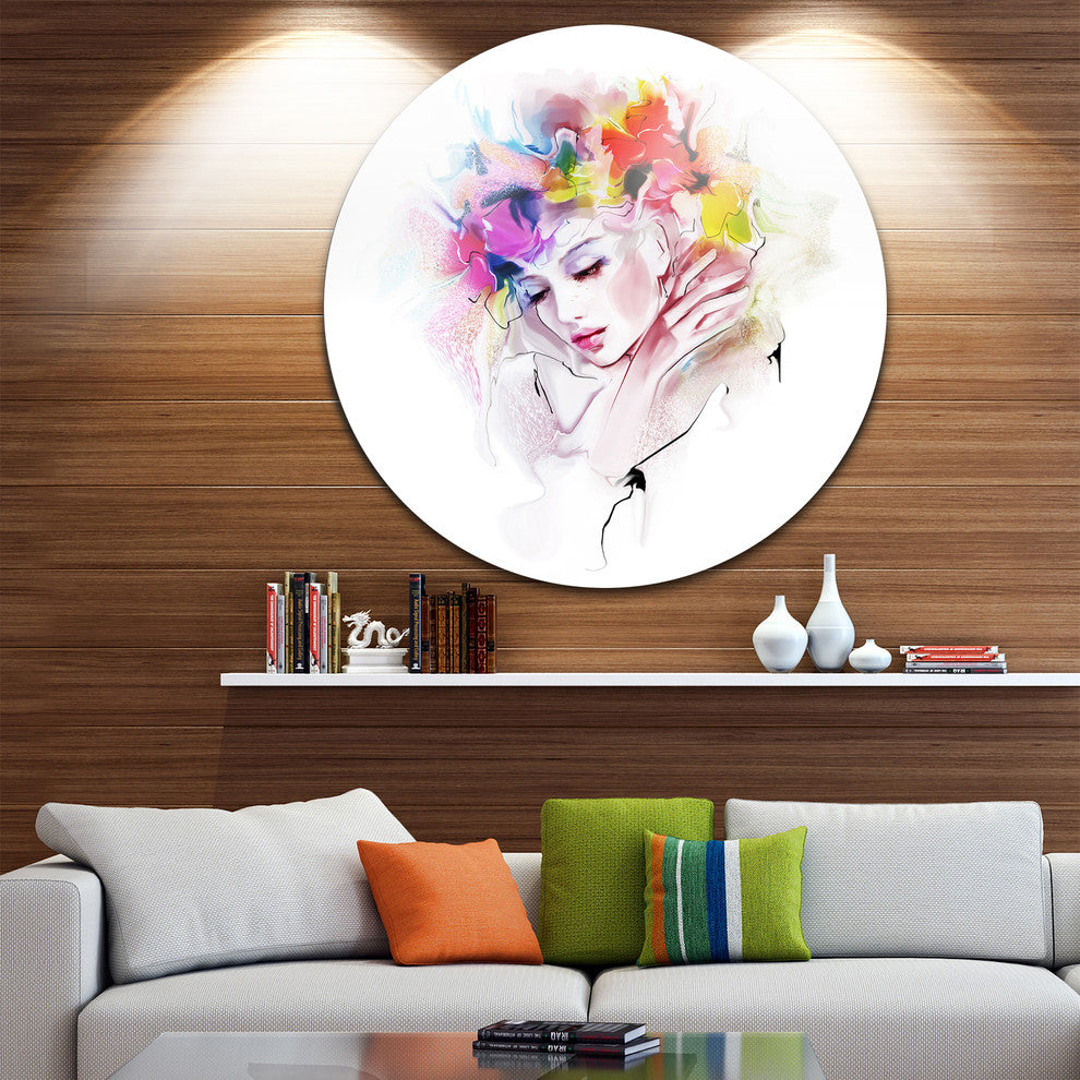 Girl With Flowers Wreath, Portrait Digital Art Disc Metal Artwork, 11"