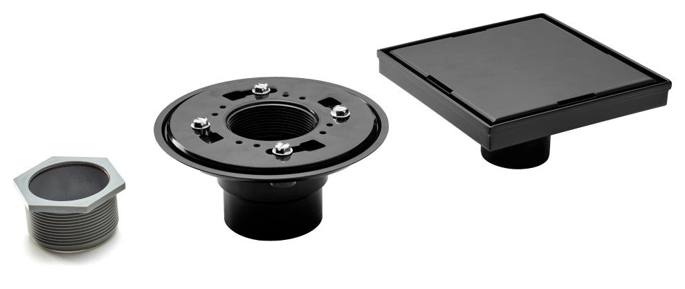 HEATGENE Square Shower Drain With Flat Cover With Base Flange, Matt Black, 6"