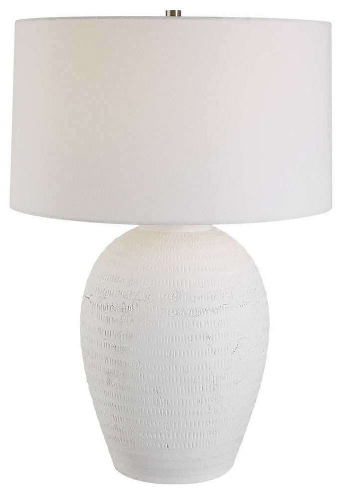 Classic Chalk White Carved Ceramic Table Lamp 29 in Matte Round Textured