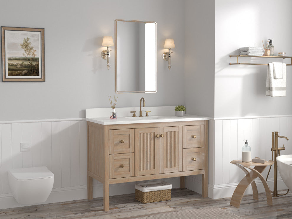 Modern Light Oak Sera Bathroom Vanity With White Quartz Top, 48" Single Sink