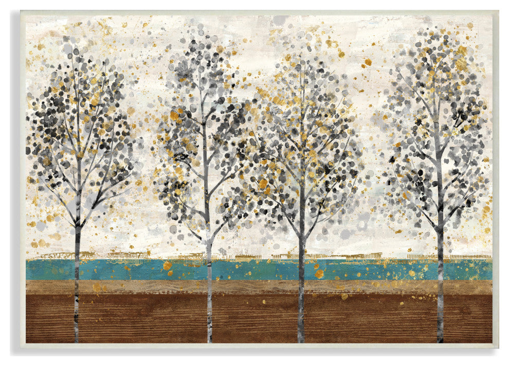 Tree Line Abstract Gold Blue Landscape Painting, 10"x15", Wood Art