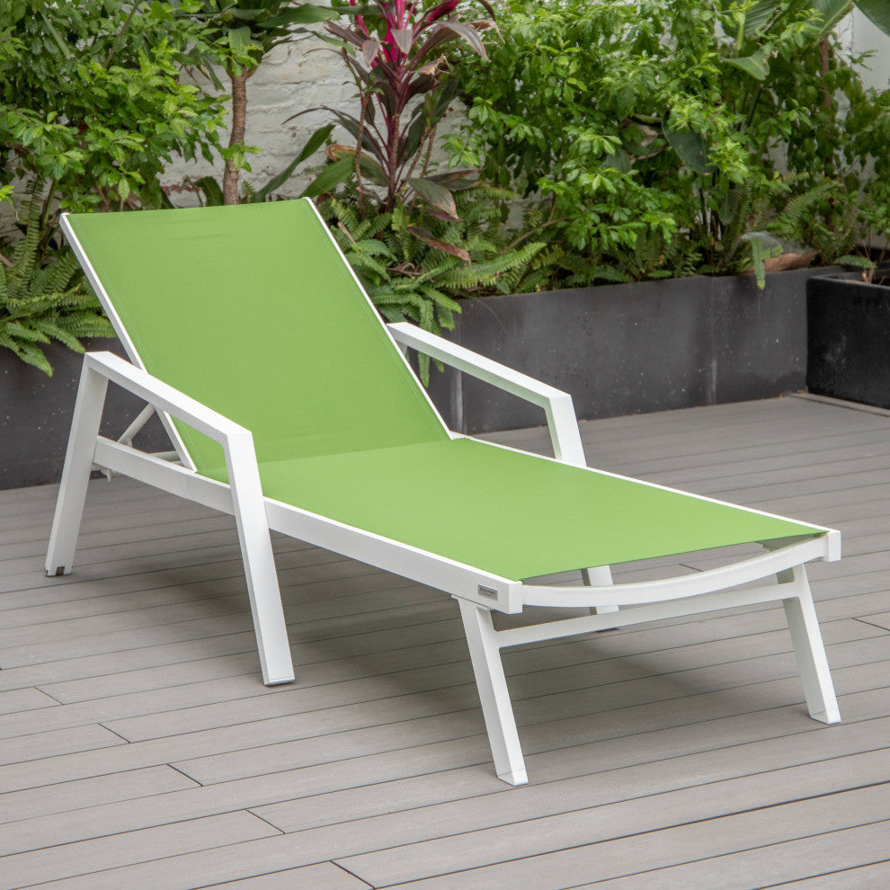 LeisureMod Marlin Chaise Lounge Set With Arms and Fire Pit Table, Green