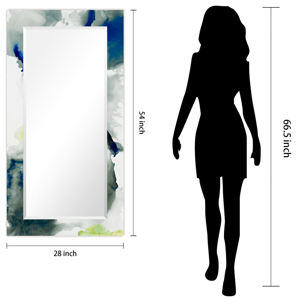 "Ephemeral" Beveled Mirror on Printed Abstarct Tempered Art Glass, 54"x28"